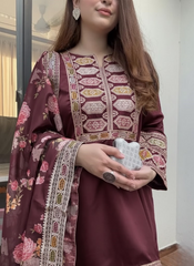 Premium Silk Afghani Embroidered Shirt with Patiala Salwar & Printed Dupatta – 3 Piece Set
