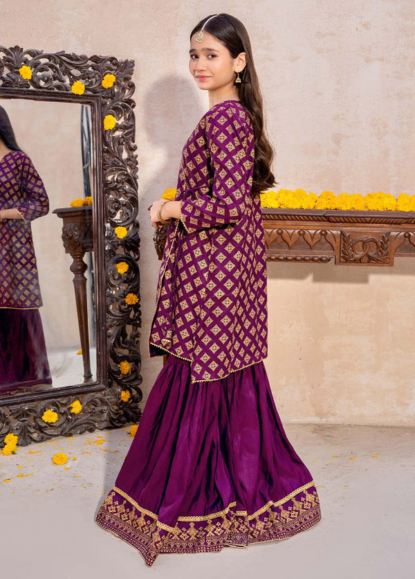 3 Piece Purple Printed raw silk gharara