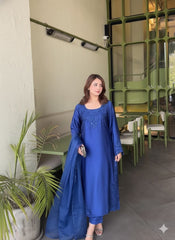 Short Silk Long Shirt with Cutwork Details & Chiffon Dupatta – 3 Piece Set