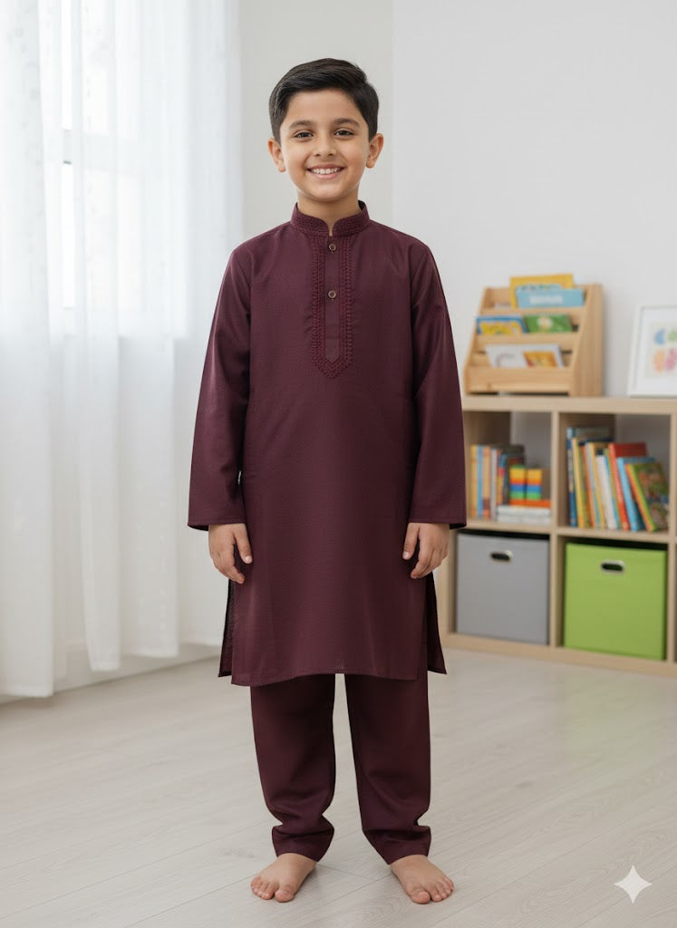 Maroon embroidered kurta trouser boys