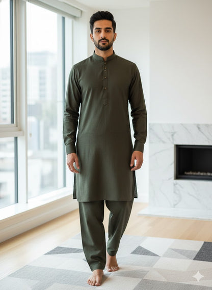 Olive Green Men Pajama Kameez