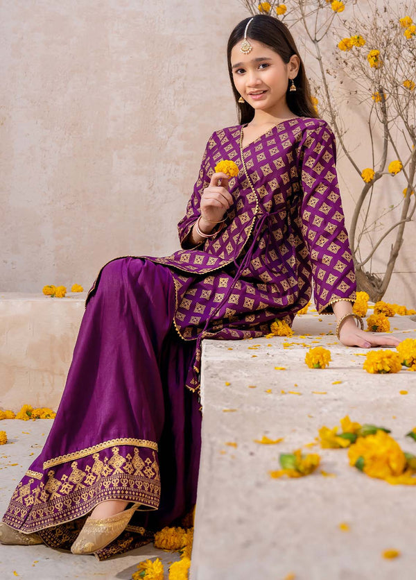 3 Piece Purple Printed raw silk gharara