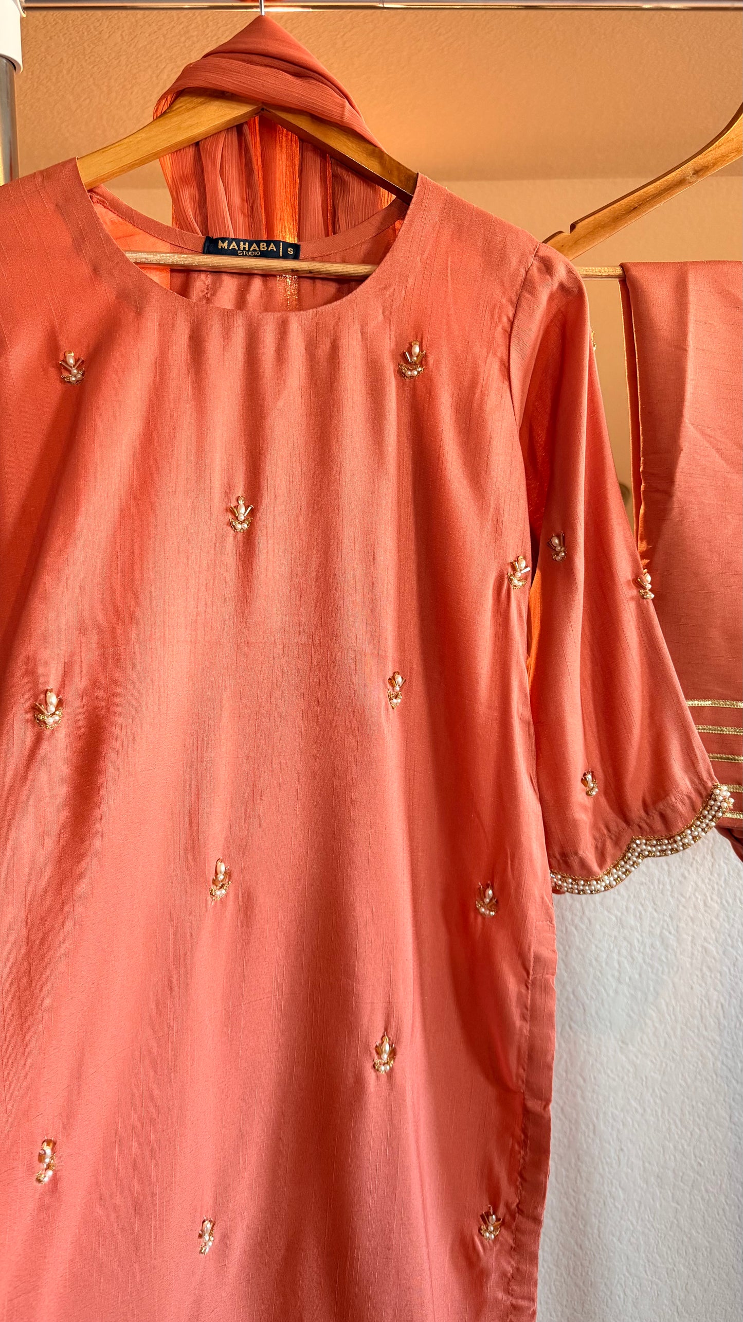 Korean Raw Silk Booti Shirt with Farshi Salwar & Chiffon Dupatta – 3 Piece Set