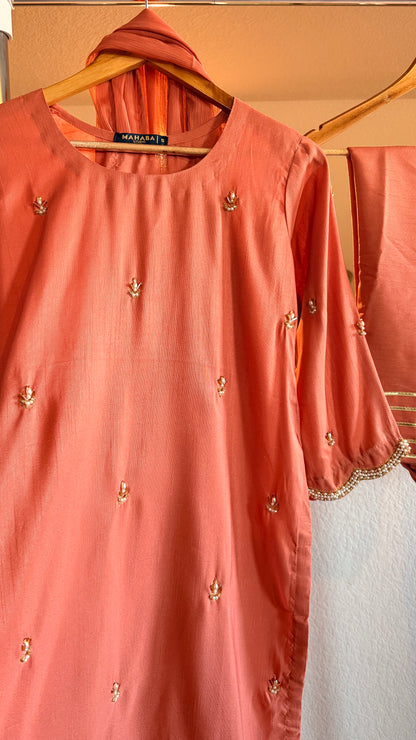 Korean Raw Silk Booti Shirt with Farshi Salwar & Chiffon Dupatta – 3 Piece Set