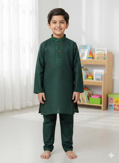 Dark Green embroidered kurta trouser boys