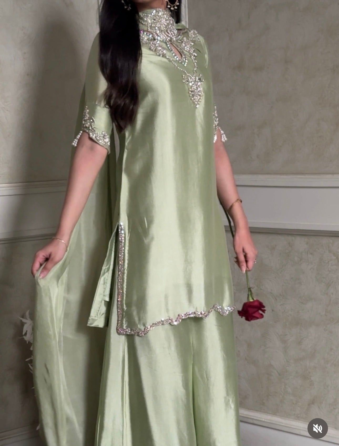 Sage Luxe Silk Embroidered Sharara Set