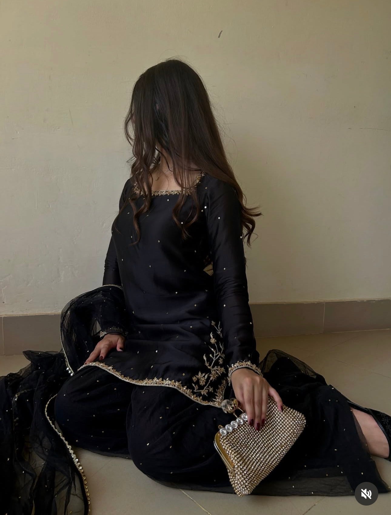 Black Hand-Embroidered Raw Silk Sharara Set - 3 Piece Festive Outfit