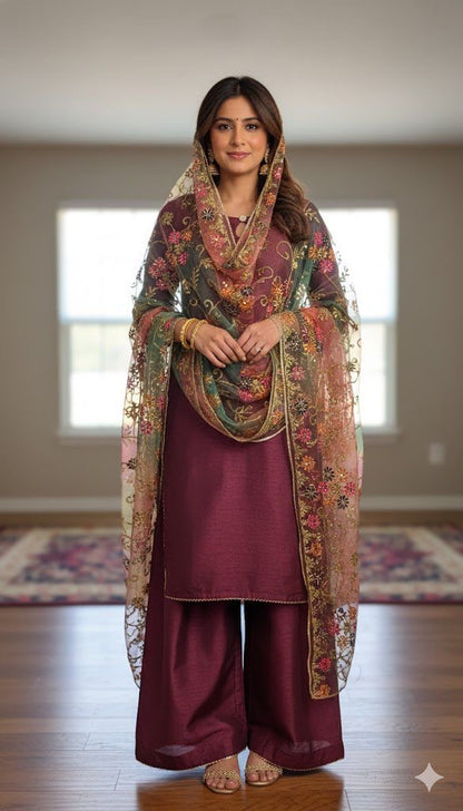 Korean Raw Silk Salwar Suit – Plain Elegance with Heavy Embroidered Organza Dupatta | 3 Piece Set