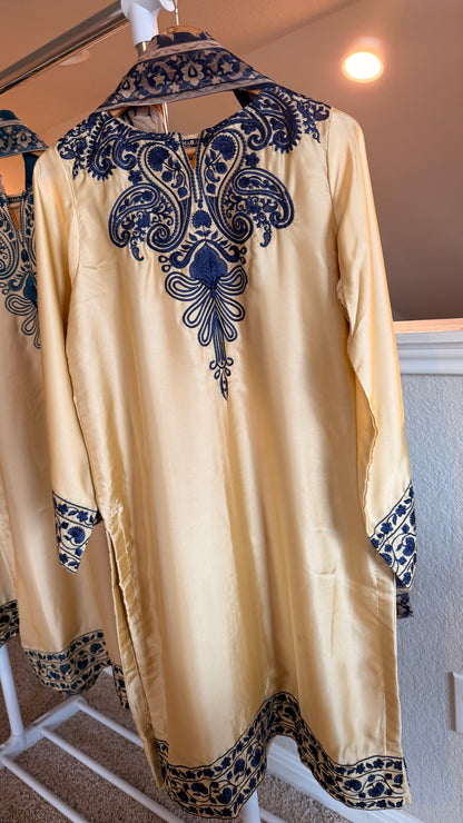 Shamoz Silk Embroidered Off-White Gold Long Shirt Set – 3 Piece | Ready to Ship