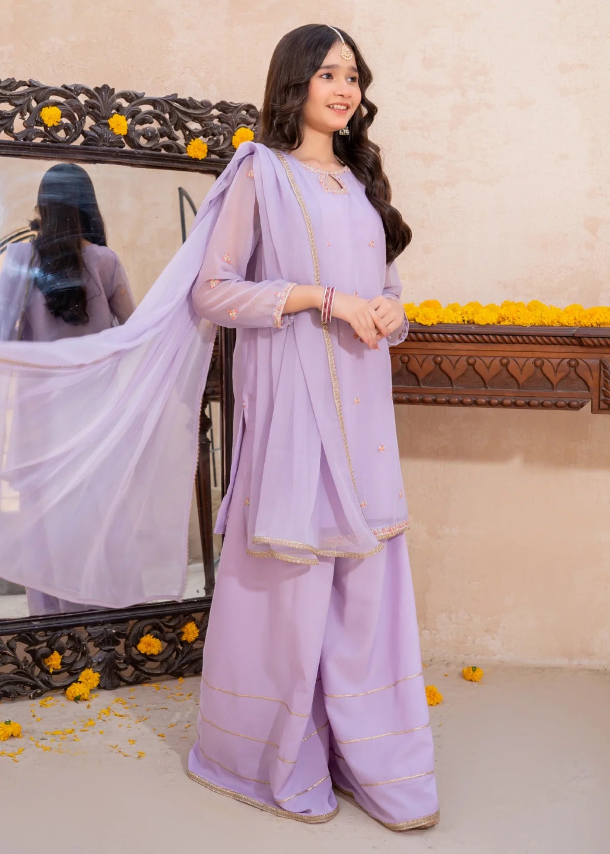 Lavender Crinkle Embroidered 3 Piece Suit