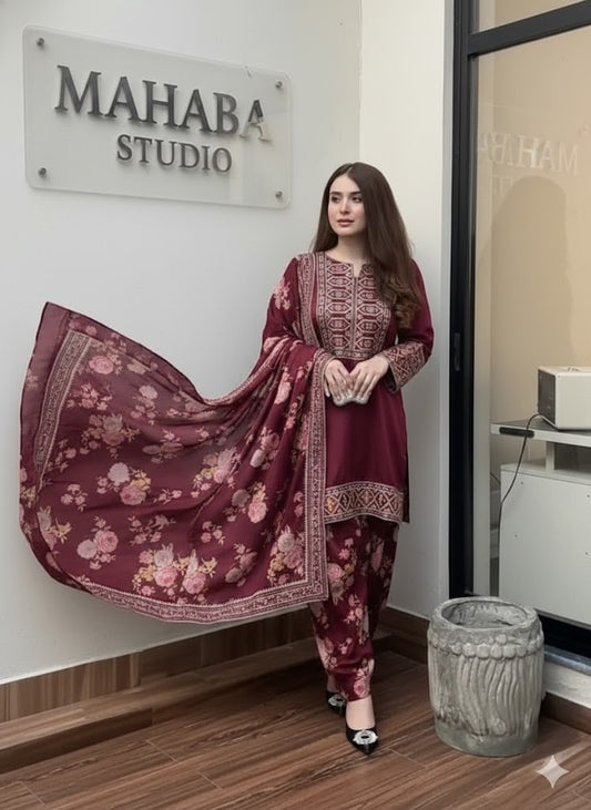 Premium Silk Afghani Embroidered Shirt with Patiala Salwar & Printed Dupatta – 3 Piece Set