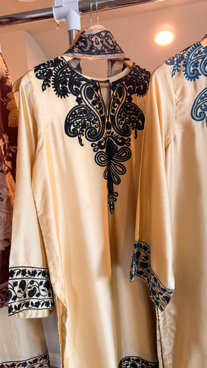 Shamoz Silk Embroidered Off-White Gold Long Shirt Set – 3 Piece | Ready to Ship