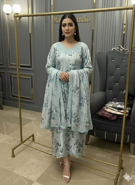 Floral Digital Printed Silk Long Shirt with Palazzo & Silk Dupatta – 3 Piece Set