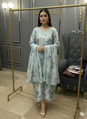 Floral Digital Printed Silk Long Shirt with Palazzo & Silk Dupatta – 3 Piece Set