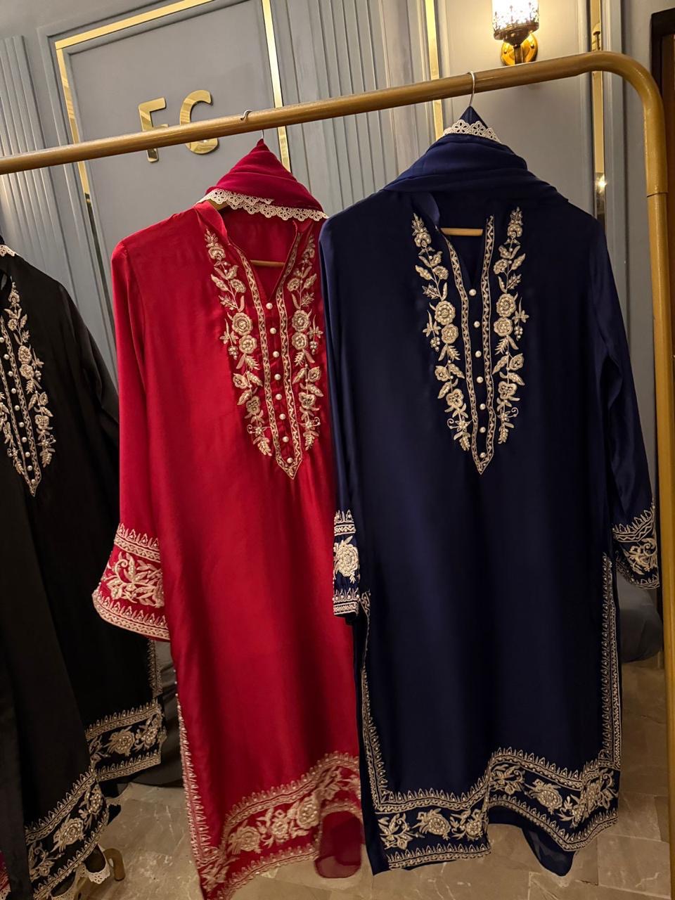 Embroidered China Silk 3-Piece Suite - Elegant Long-Line Silhouette