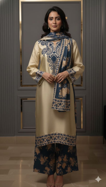 Shamoz Silk Embroidered Off-White Gold Long Shirt Set – 3 Piece | Ready to Ship
