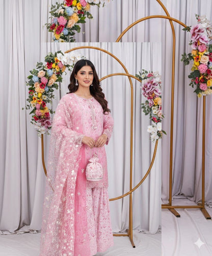 Farshi Salwar Set – Printed Organza with Hand Embellishments & Matching Potli