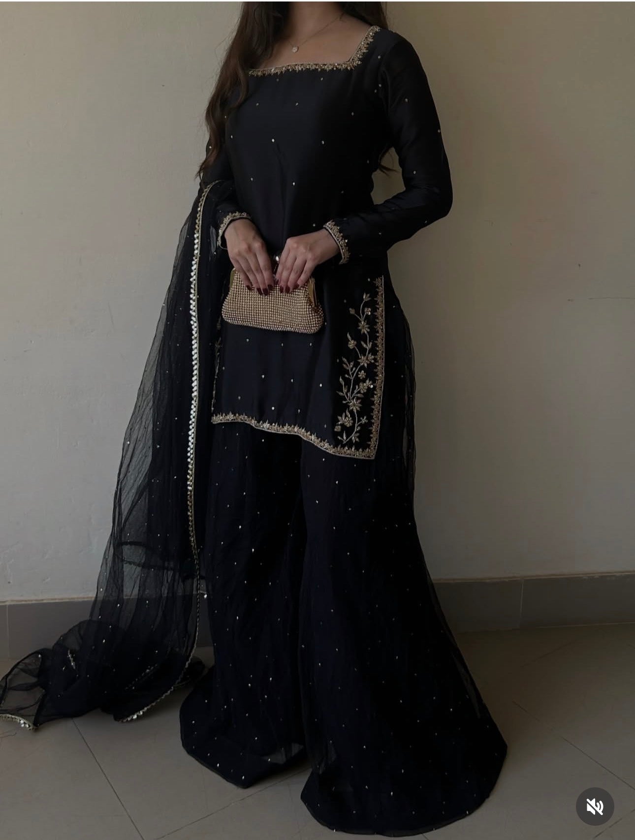 Black Hand-Embroidered Raw Silk Sharara Set - 3 Piece Festive Outfit