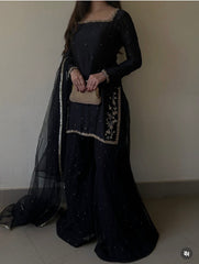Black Hand-Embroidered Raw Silk Sharara Set - 3 Piece Festive Outfit