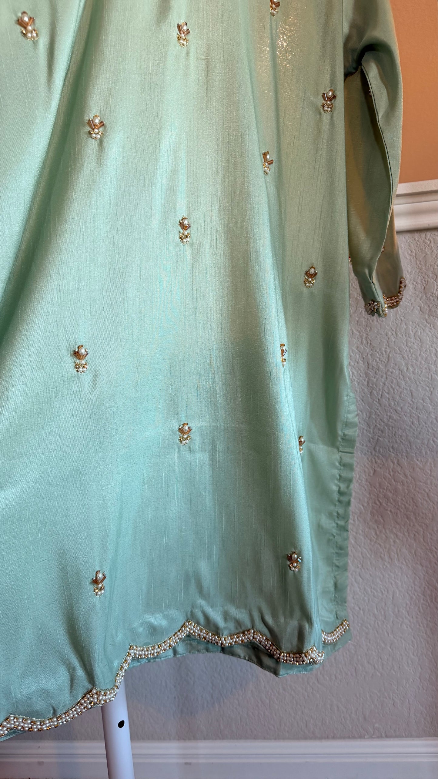 Korean Raw Silk Booti Shirt with Farshi Salwar & Chiffon Dupatta – 3 Piece Set