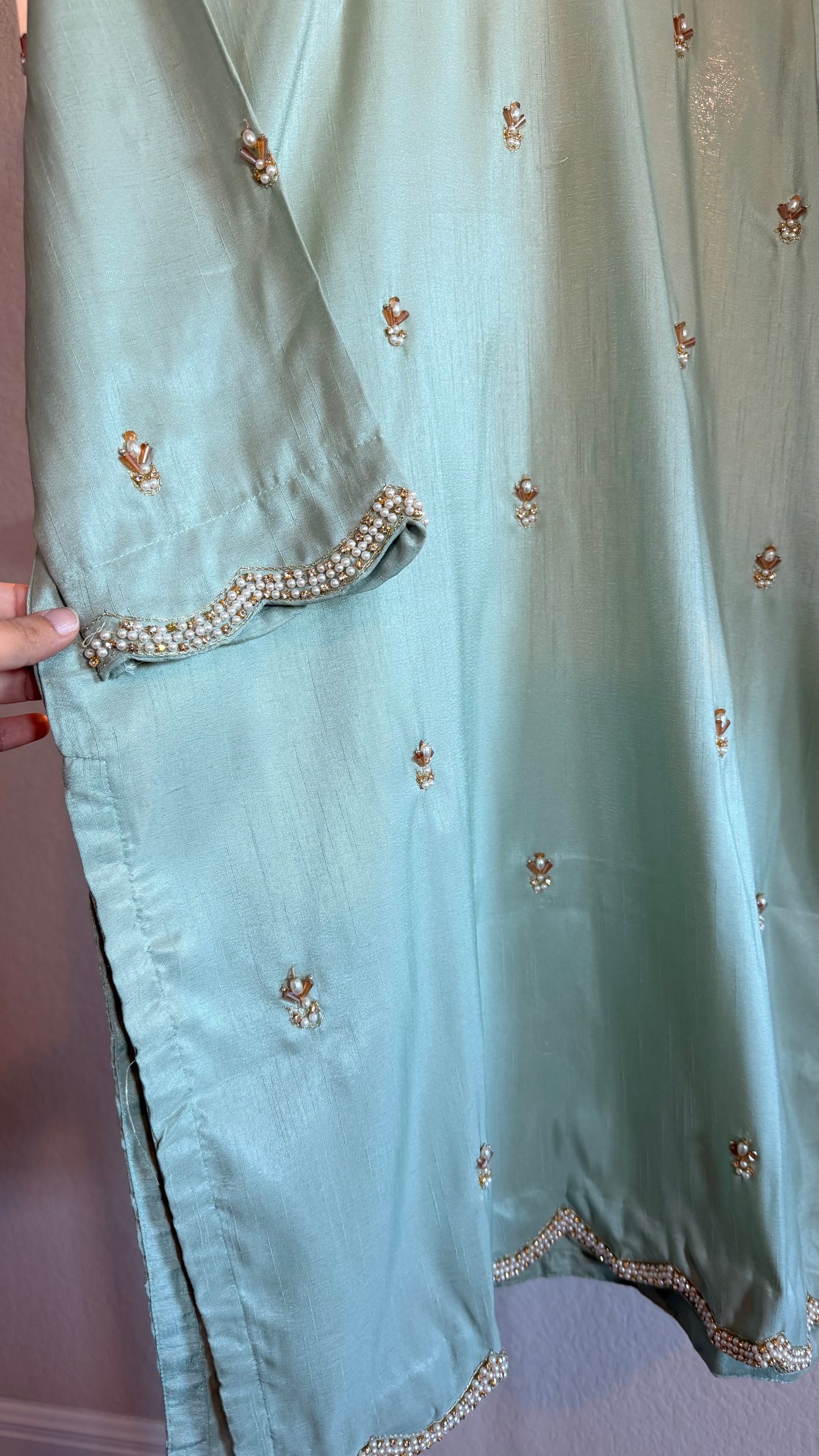 Korean Raw Silk Booti Shirt with Farshi Salwar & Chiffon Dupatta – 3 Piece Set