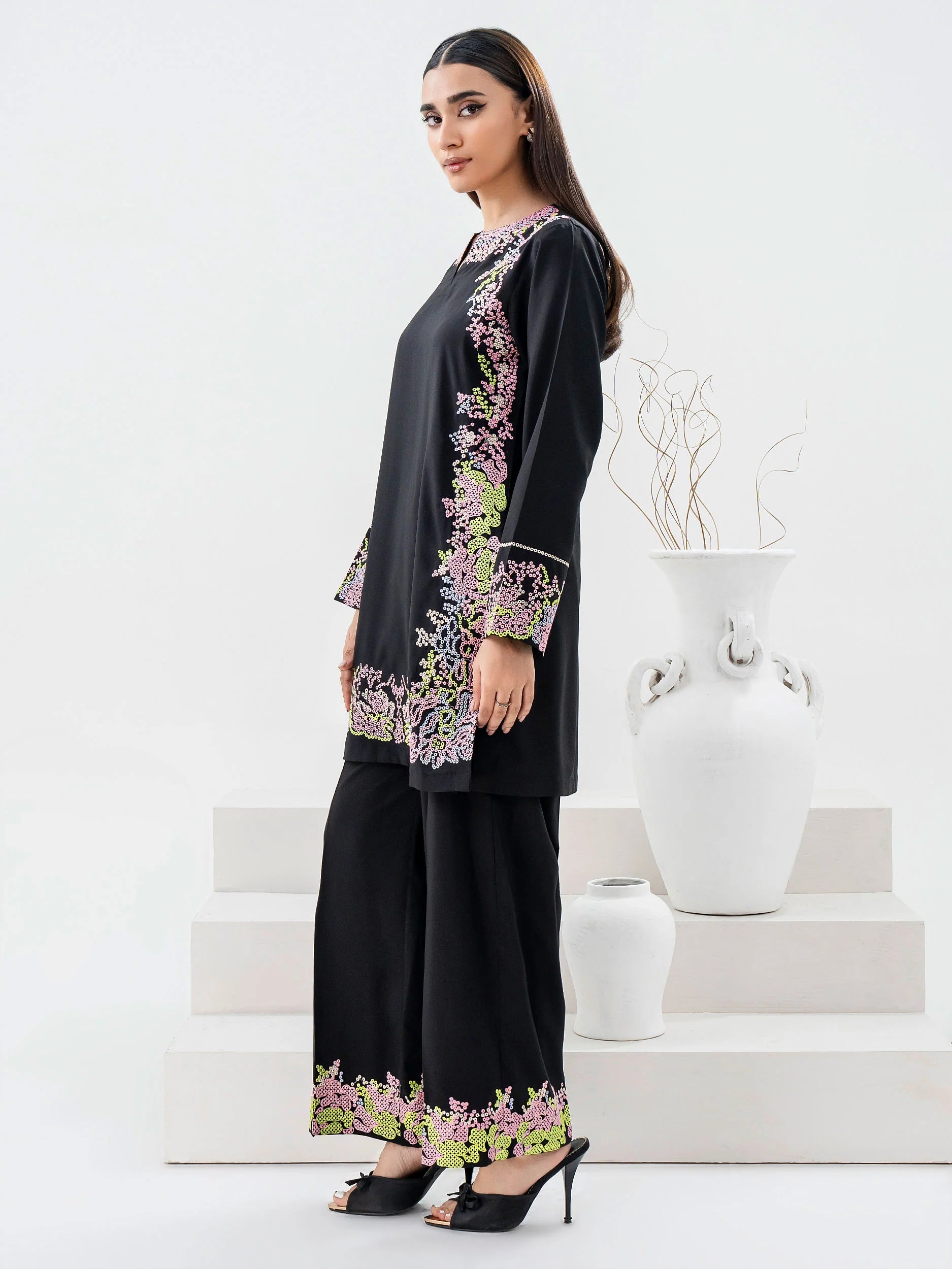 full view Silk Co-Ord Set-Embroidered (Pret) | Black