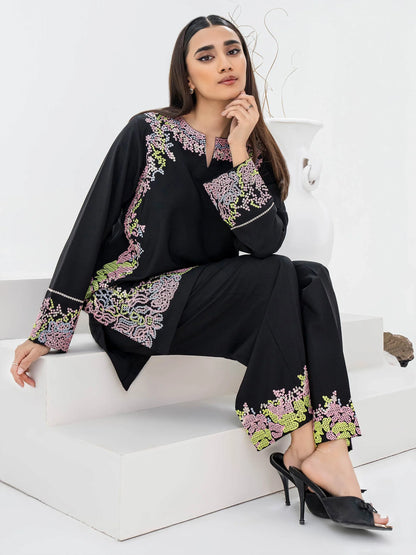 model Silk Co-Ord Set-Embroidered (Pret) | Black