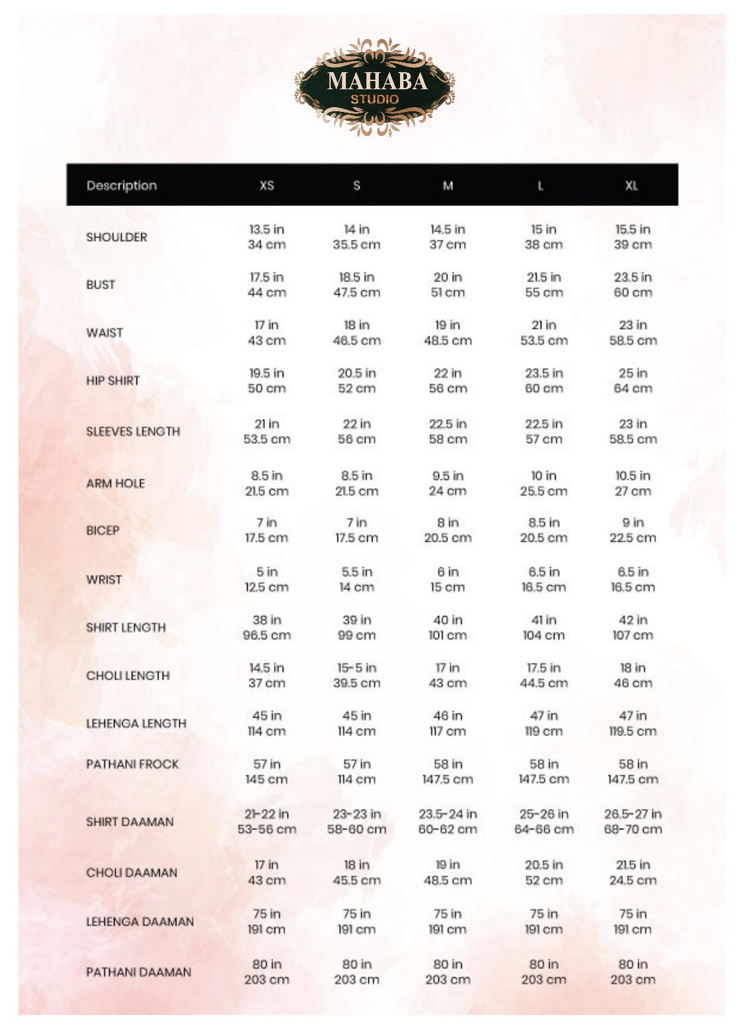 size chart Traditional Bridal Afghani Frock