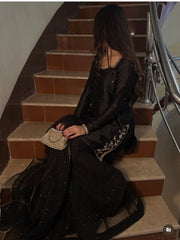 Black Hand-Embroidered Raw Silk Sharara Set - 3 Piece Festive Outfit