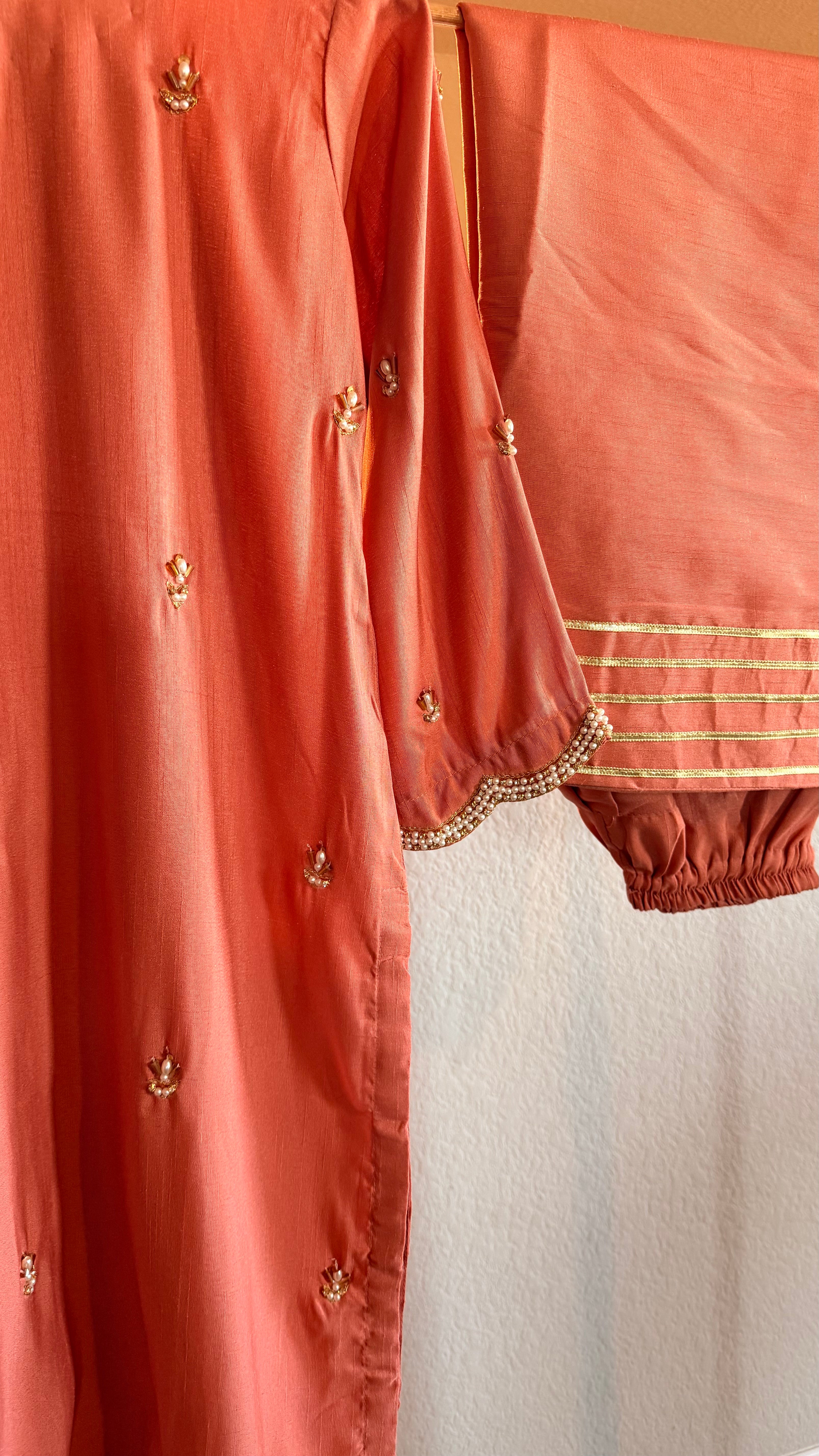 Korean Raw Silk Booti Shirt with Farshi Salwar & Chiffon Dupatta – 3 Piece Set