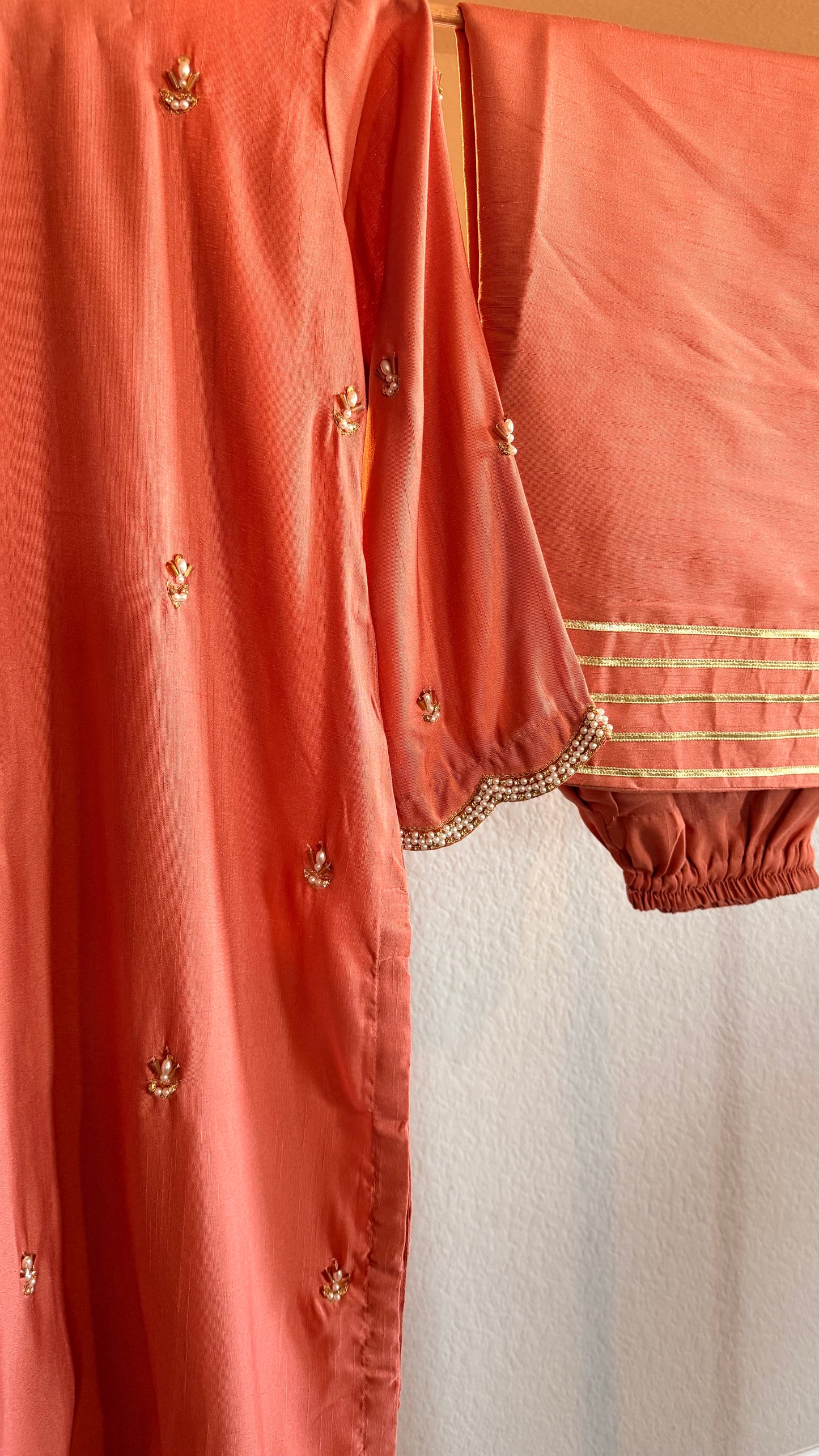 Korean Raw Silk Booti Shirt with Farshi Salwar & Chiffon Dupatta – 3 Piece Set