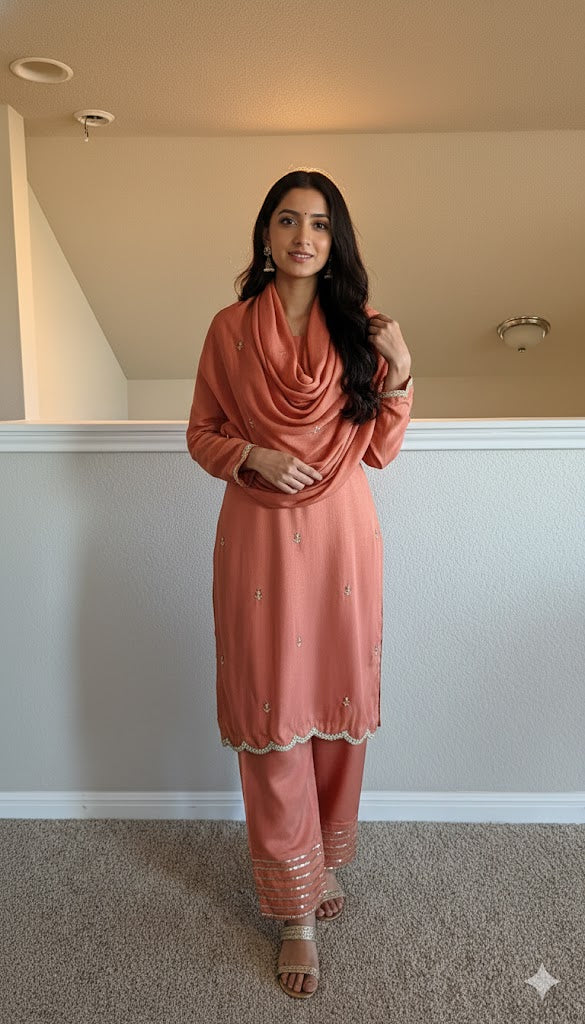 Korean Raw Silk Booti Shirt with Farshi Salwar & Chiffon Dupatta – 3 Piece Set