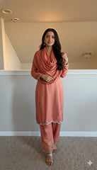 Korean Raw Silk Booti Shirt with Farshi Salwar & Chiffon Dupatta – 3 Piece Set