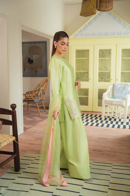 side view of Elegant Sheesha Silk Shalwar Kameez with Organza Dupatta