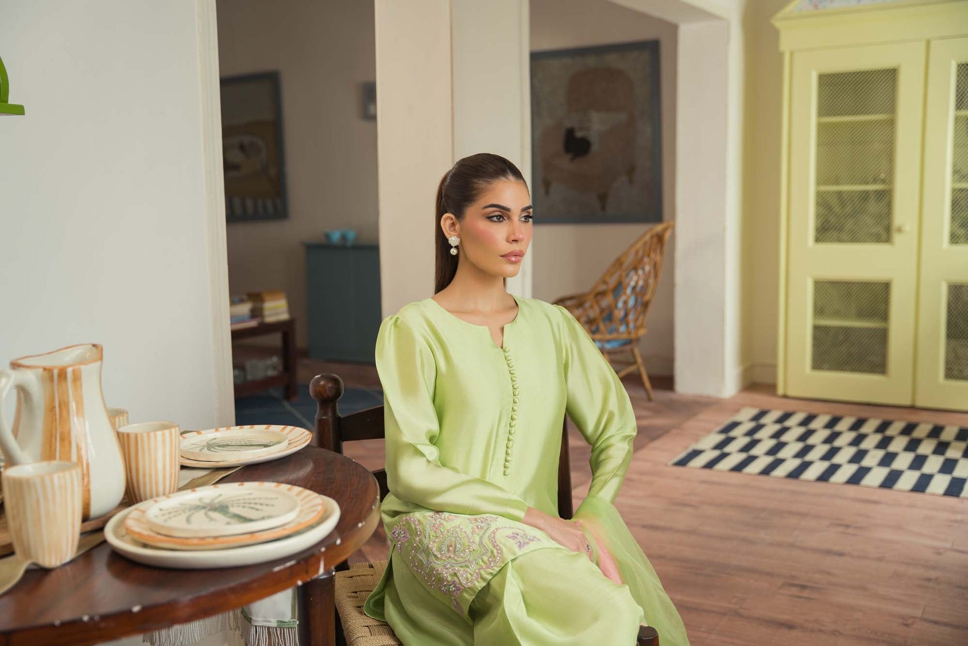 model showcasing Elegant Sheesha Silk Shalwar Kameez with Organza Dupatta