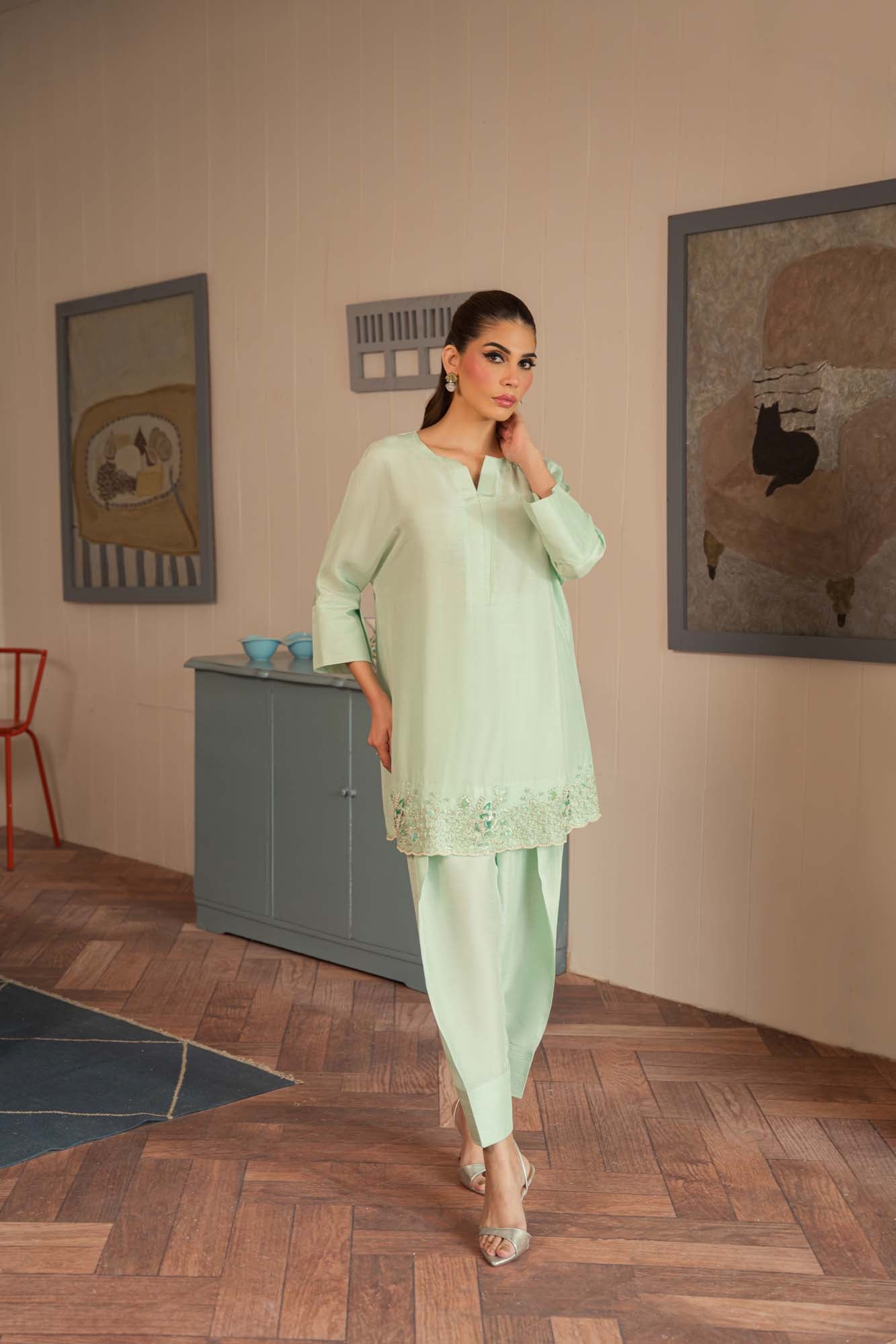 full front view of Handcrafted Korean Raw Silk Shalwar Kameez