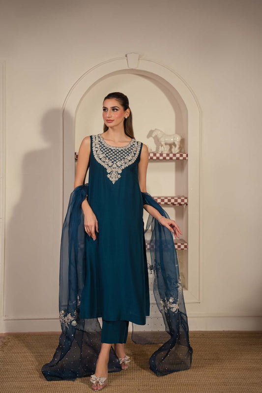 Elegant Korean Raw Silk Shalwar Kameez with Organza Dupatta