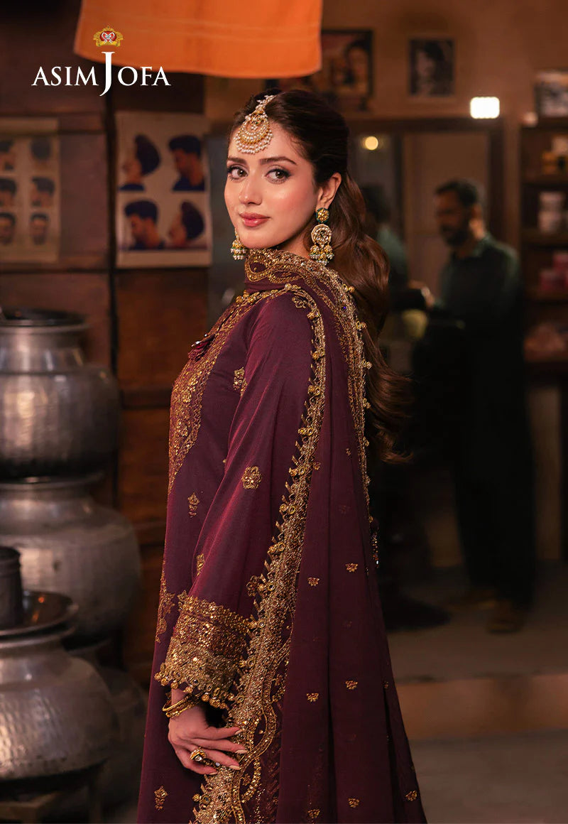 Asim Jofa purple 3-piece twisted silk suit with dupatta