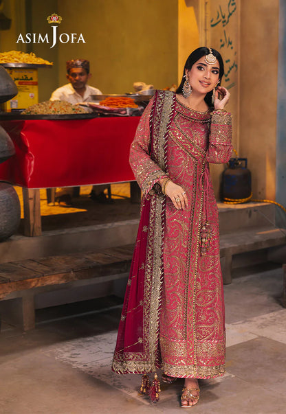 Asim Jofa hot pink embroidered chiffon 3-piece set with paisley patterns, including chiffon dupatta and twisted silk trouser - Mahaba Studio USA