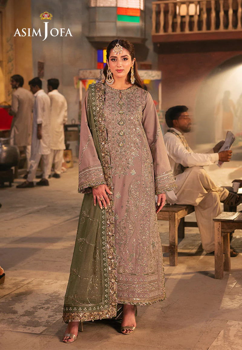 Beige embroidered shirt with sage green and gold zari work by Asim Jofa – Mahaba Studio USA