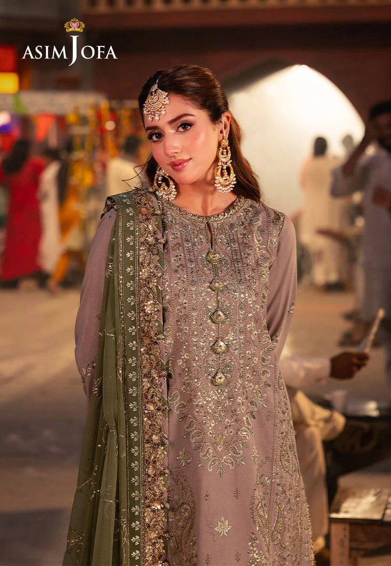 Asim Jofa beige embroidered twisted silk 3-piece suit with green dupatta – Mahaba Studio USA