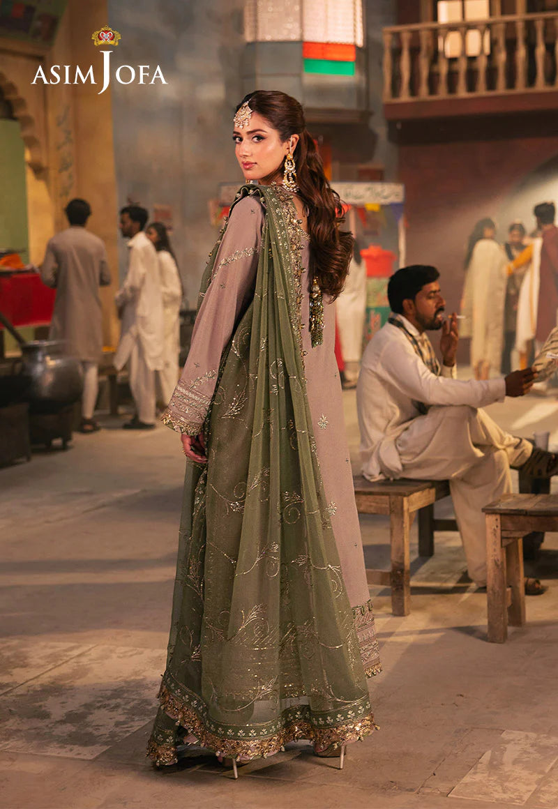 Elegant Asim Jofa beige and green 3-piece suit with chiffon dupatta – Mahaba Studio