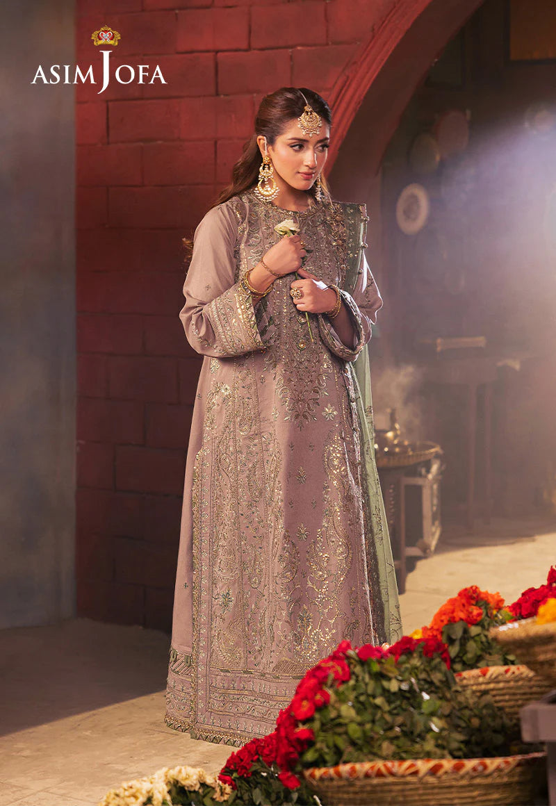 detailed view of Asim Jofa beige embroidered twisted silk 3-piece suit