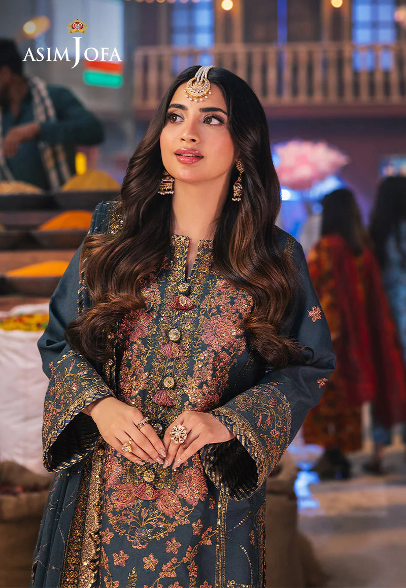 Embroidered twisted silk Asim Jofa 3-piece outfit with gold zari and floral details