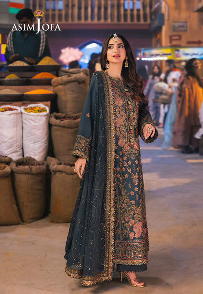 Timeless Asim Jofa sage green Pakistani suit with floral embroidery and chiffon dupatta