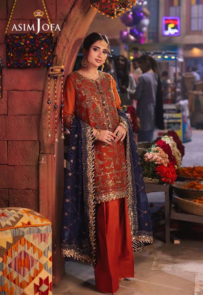 Asim Jofa rust embroidered chiffon 3-piece suit with gold and navy accents – Mahaba Studio USA