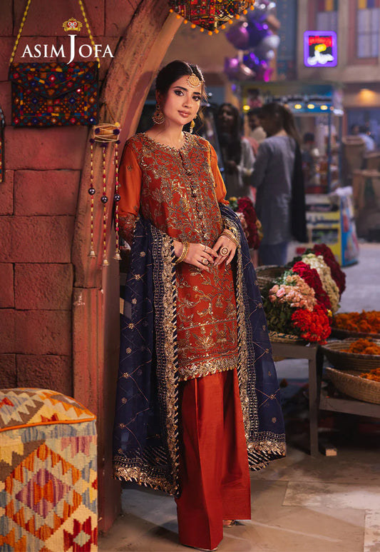 Asim Jofa rust embroidered chiffon 3-piece suit with gold and navy accents – Mahaba Studio USA