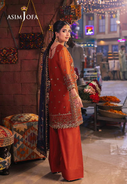 Elegant Asim Jofa embroidered rust chiffon shirt with zari work and navy-blue threads