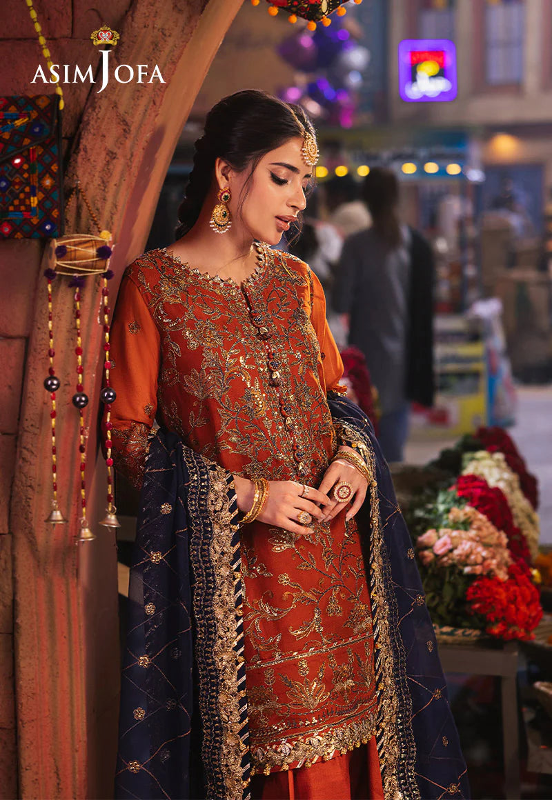 Luxury Asim Jofa embroidered chiffon dupatta in navy with gold accents – Mahaba Studio USA