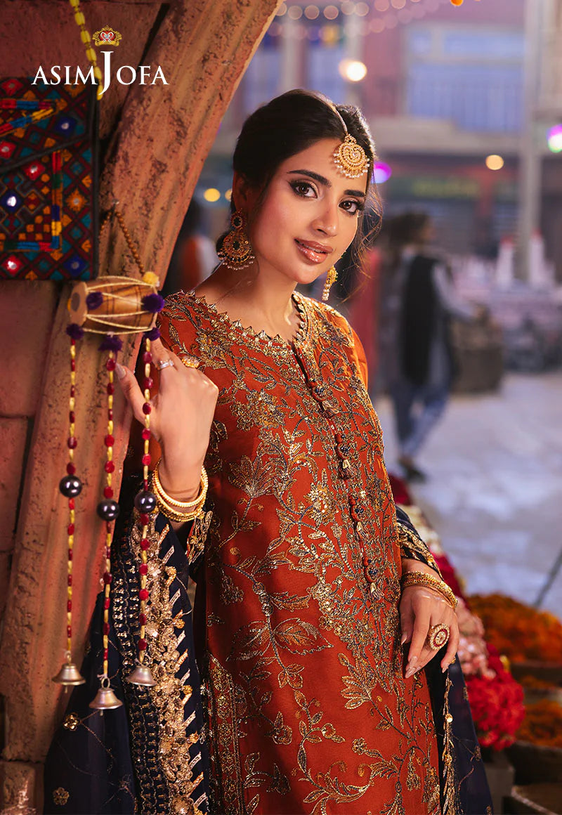 Stunning Asim Jofa 3-piece chiffon outfit in rust with gold and navy embroidery